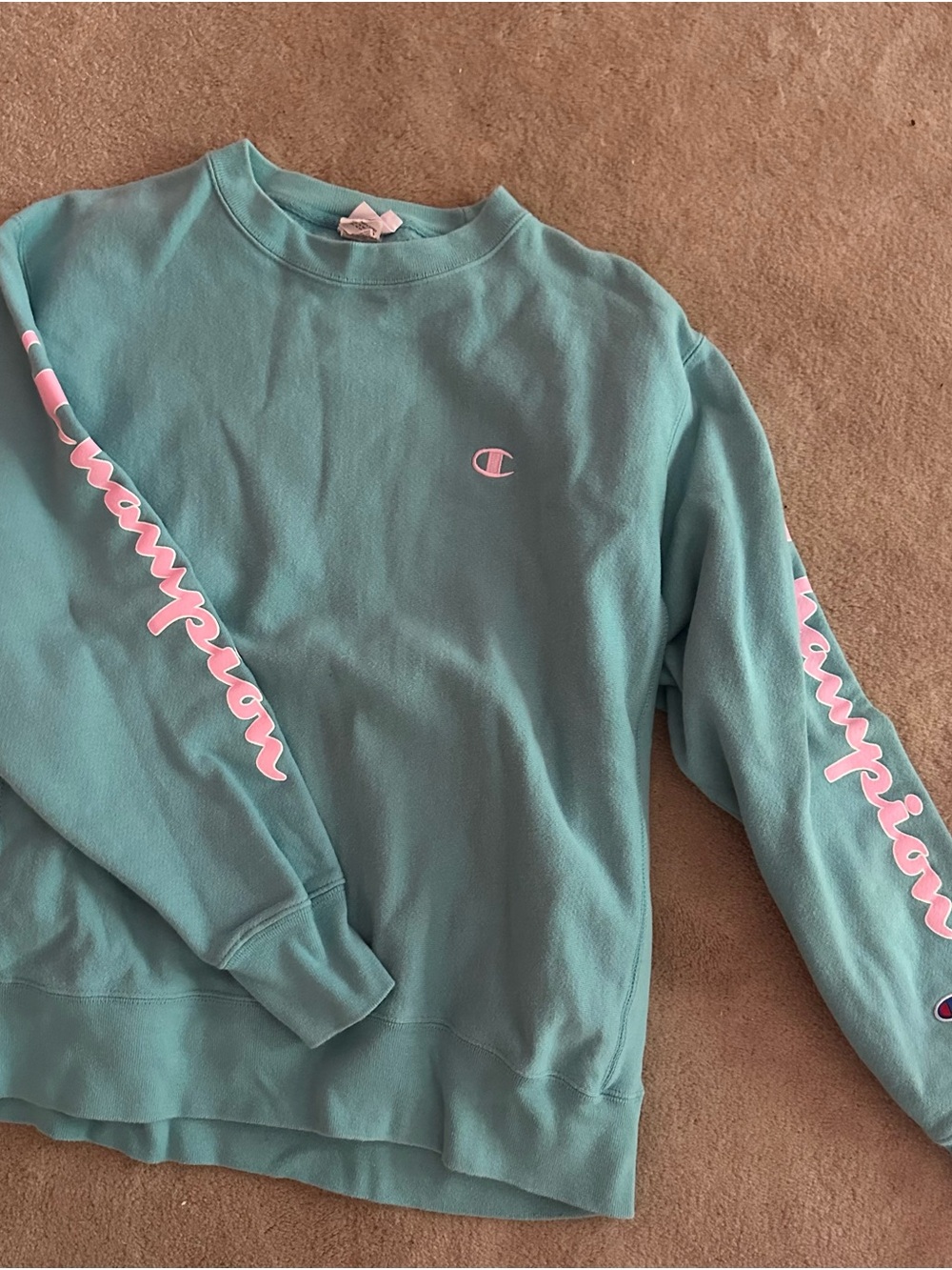Champion Aqua Crewneck Sweatshirt with Pink Script